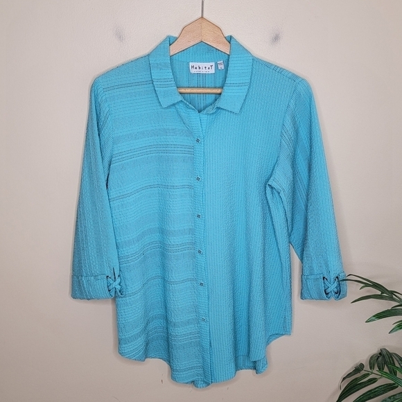 Habitat Clothes to Live In | Turquoise Textured Mixed Stripe Button Down Shirt - Picture 1 of 6